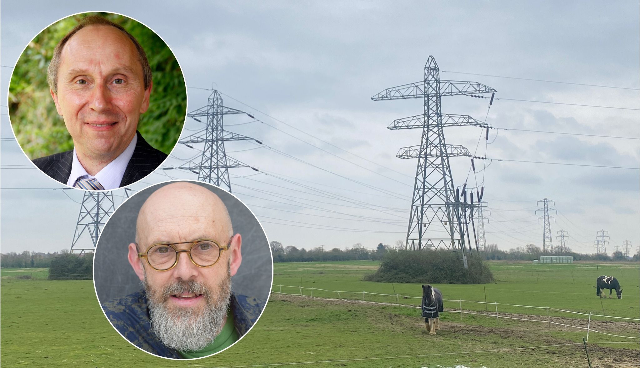Cllr John Ward and Cllr Andrew Stringer and field with pylons