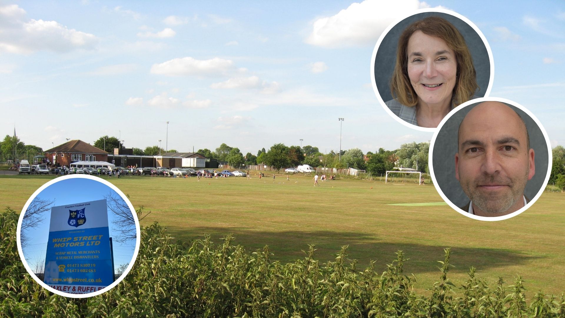 Layham Road Sports Ground, with insets of Cllr Deborah Saw and Cllr Tim Weller.