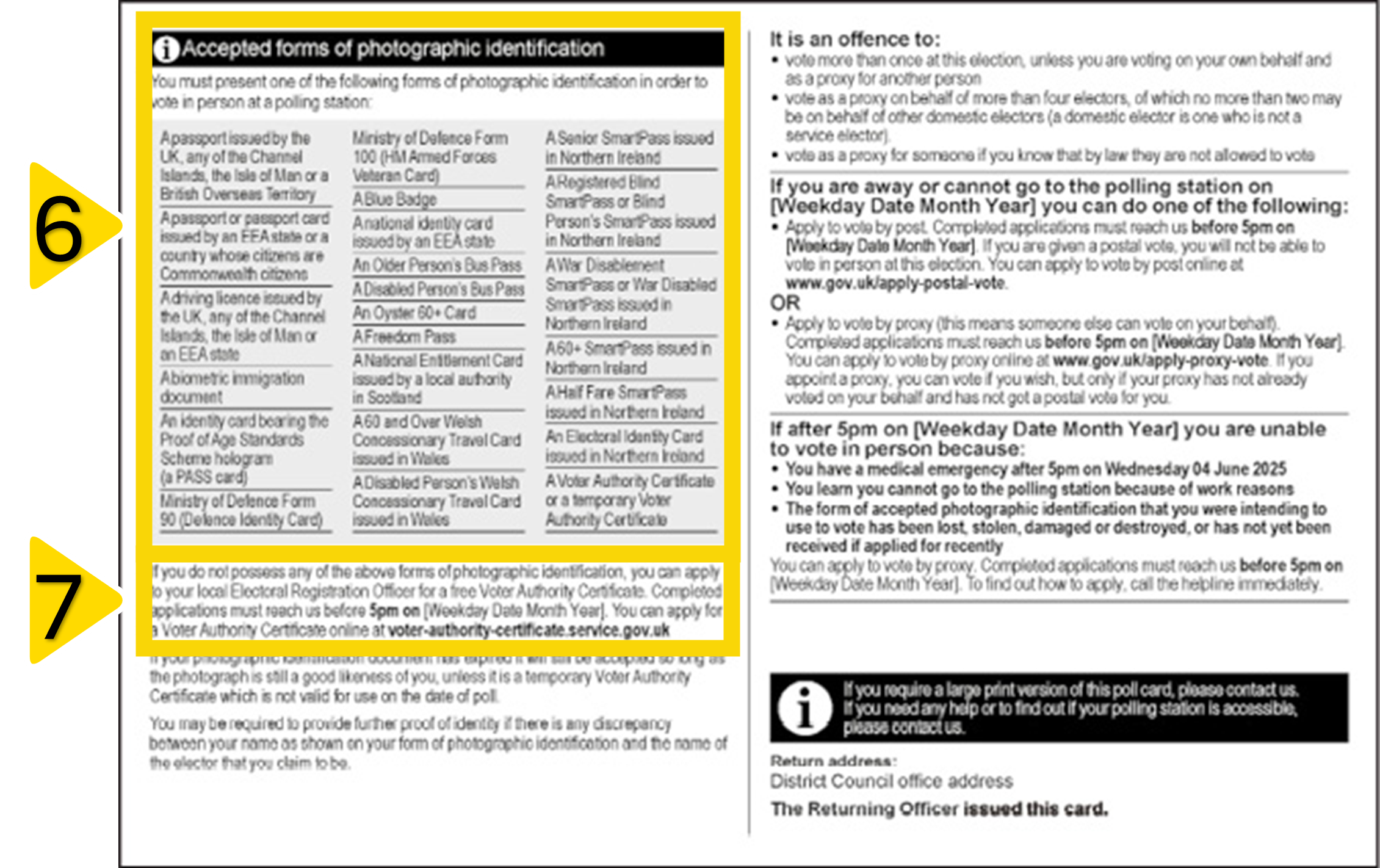 Image of the back of a poll card, highlighting photographic identification details