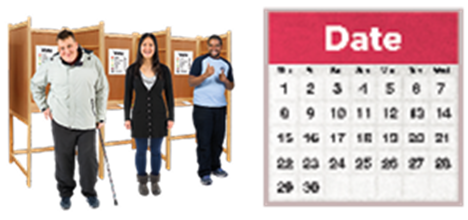 Image of people in voting booths and a calendar