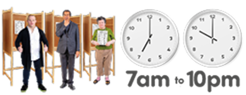 Image of people in a voting booth and clocks showing 7am and 10pm