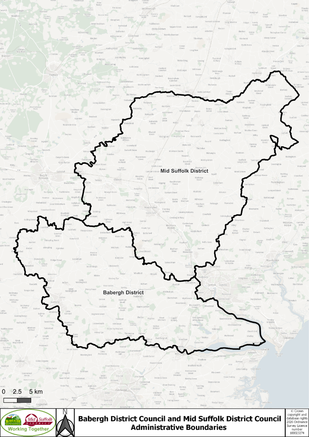 Map showing administrative districts of Babergh and Mid Suffolk