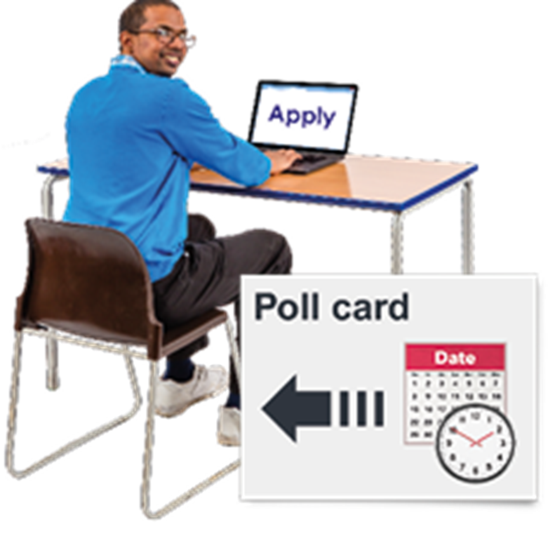 Image of a person applying for a postal or proxy and date and time icons