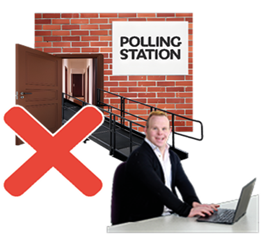 Image of a person at work and a polling station crossed through