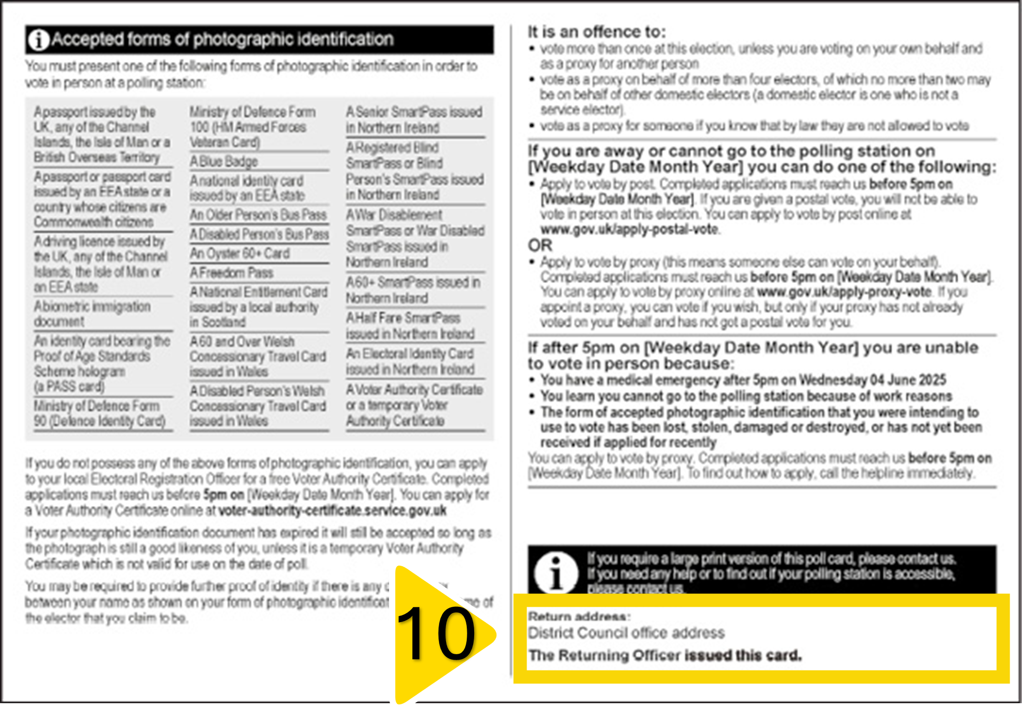 Image of the back of a poll card, highlighting the return address